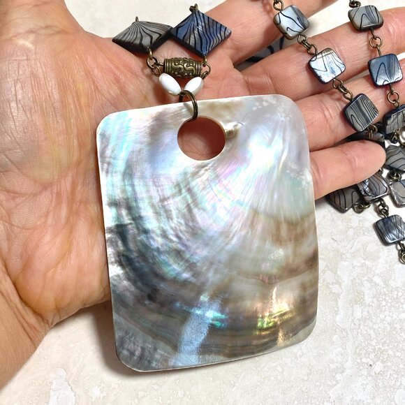 Rainbow Abalone Pendant & Dark Blue Mother of Pearl Bronze Link Long Necklace - Picture 15 of 15